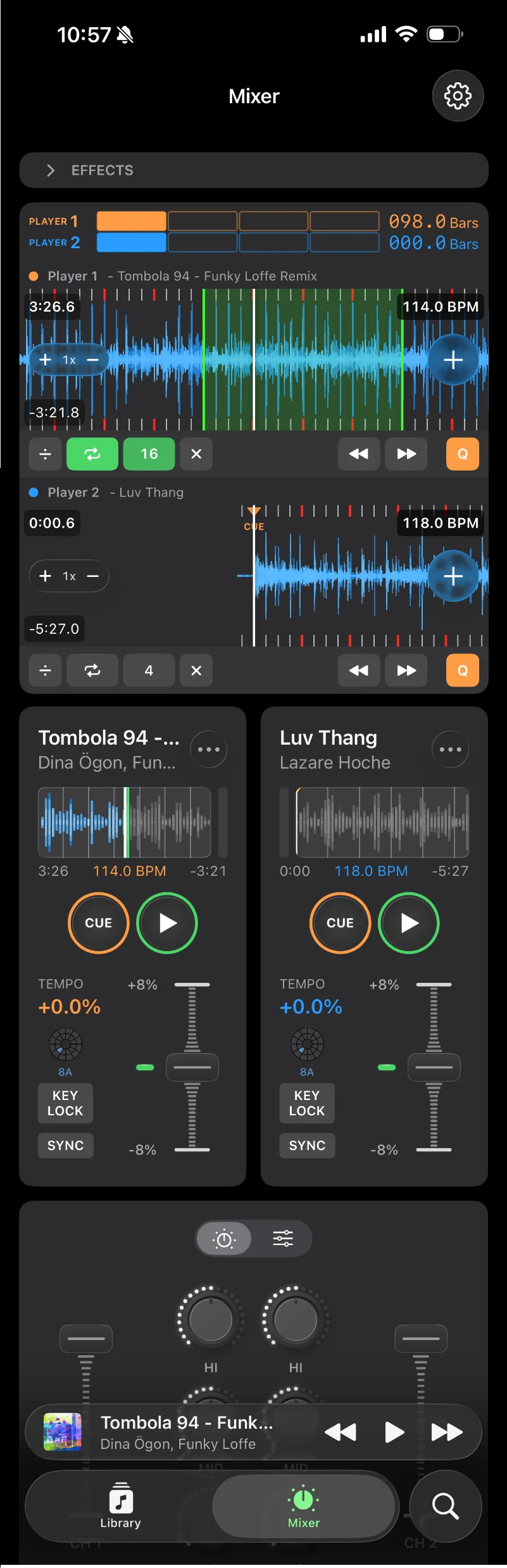 The two-deck mixer, with both decks' waveforms, tempo faders and EQ.