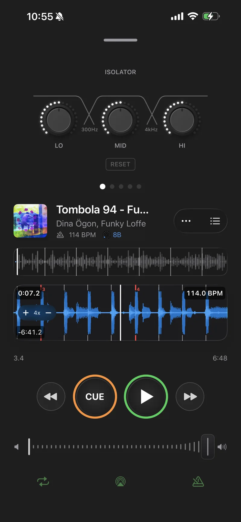 The Now Playing screen, with the isolator rack open above the waveforms.